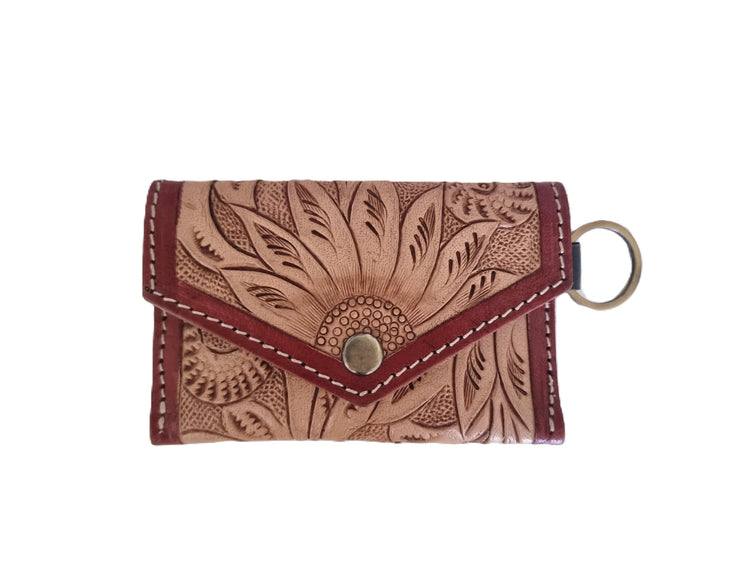 Sunflower Tooled Leather Keychain Wallet: Western Style Mini Coin Purse