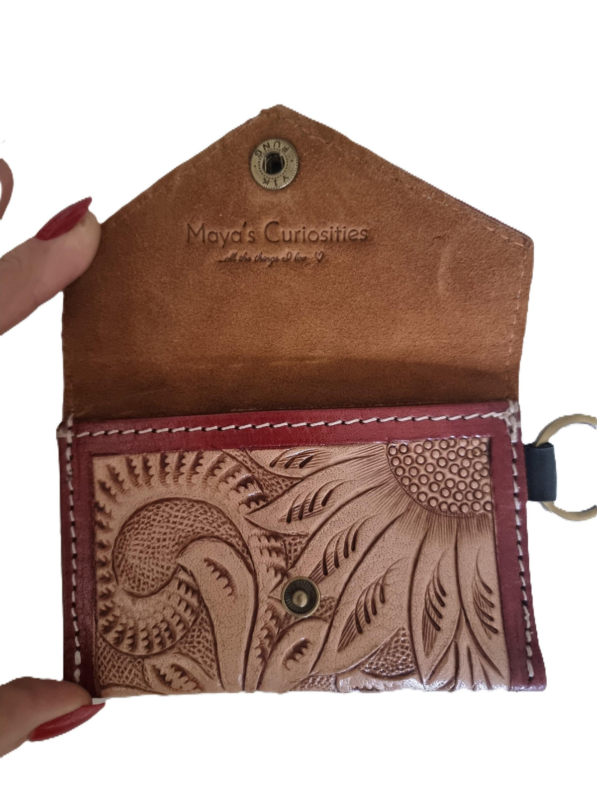 Sunflower Tooled Leather Keychain Wallet: Western Style Mini Coin Purse