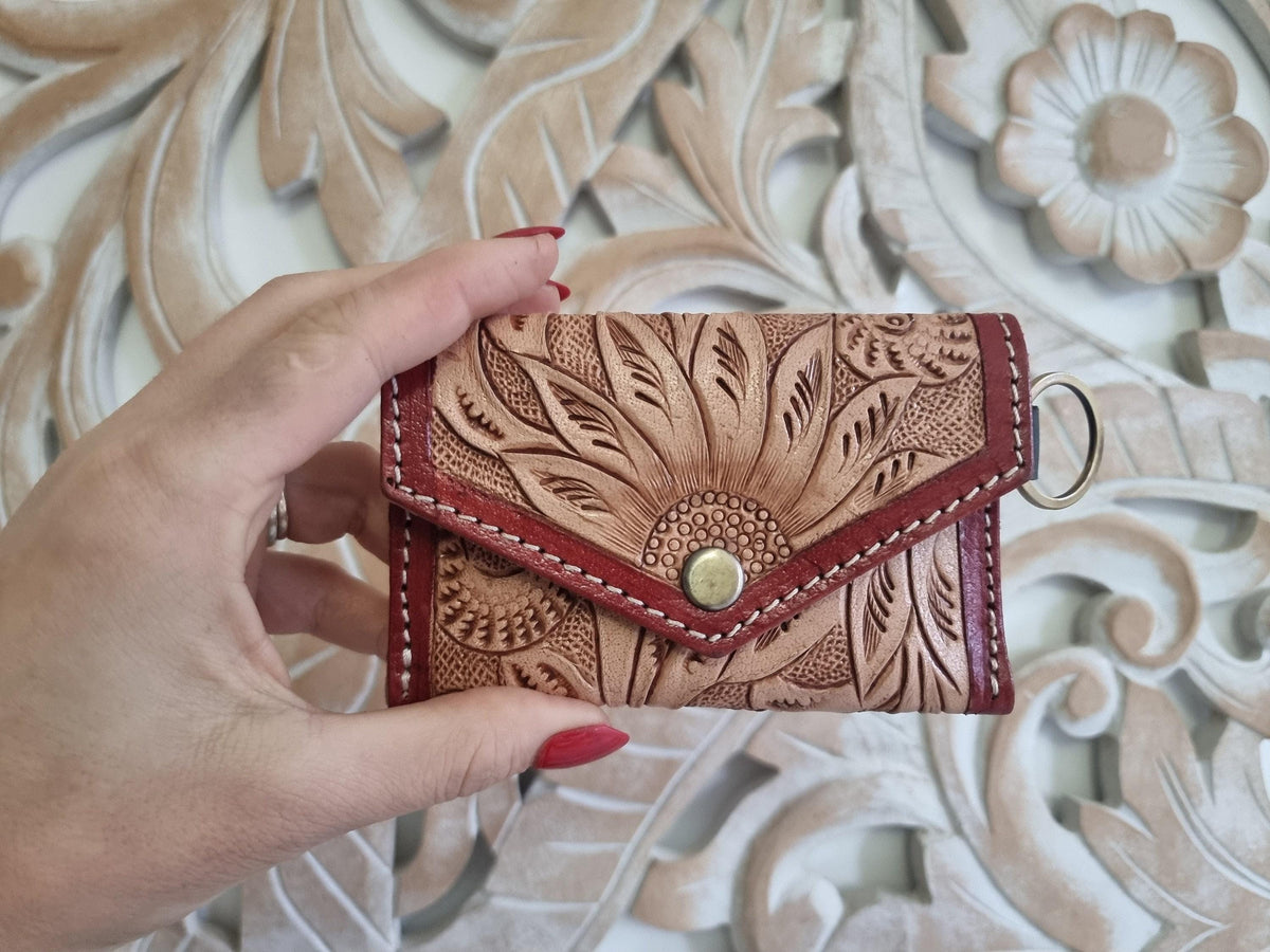 Sunflower Tooled Leather Keychain Wallet: Western Style Mini Coin Purse