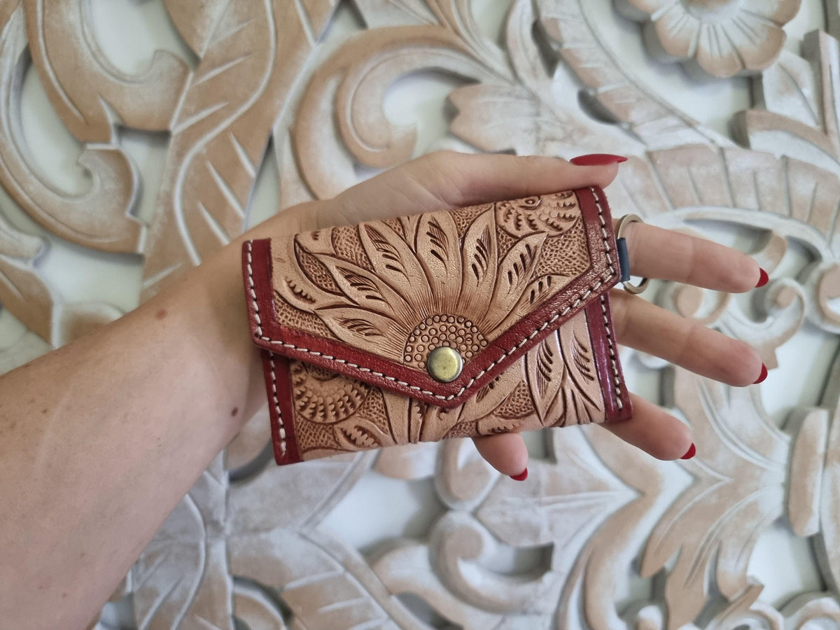 Sunflower Tooled Leather Keychain Wallet: Western Style Mini Coin Purse