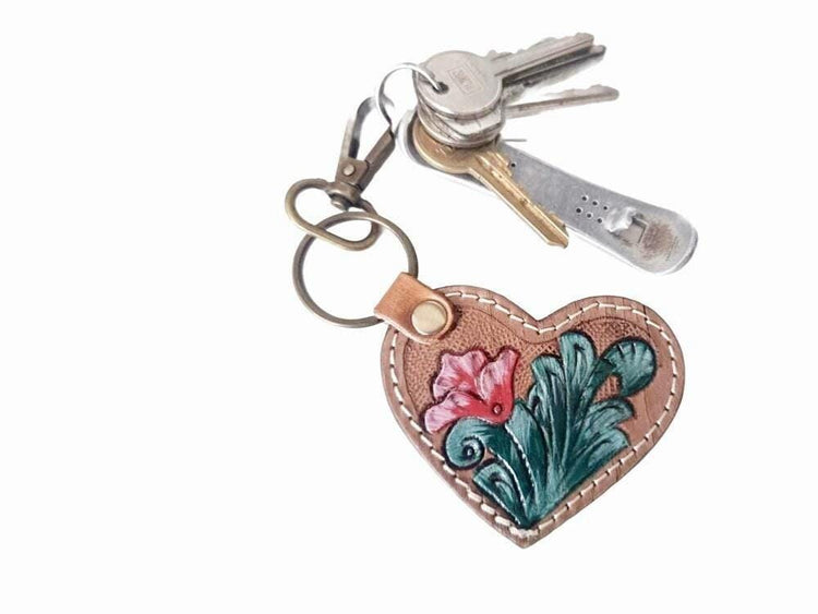 Hand Tooled Leather Heart Keychain: Western Floral Cowgirl Bag Charm