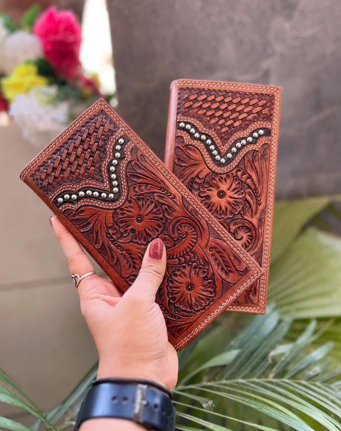 Hand Tooled Leather Long Wallet: Western Floral Design, Silver Studs