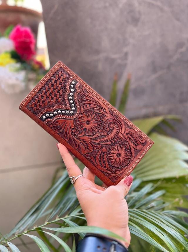 Hand Tooled Leather Long Wallet: Western Floral Design, Silver Studs