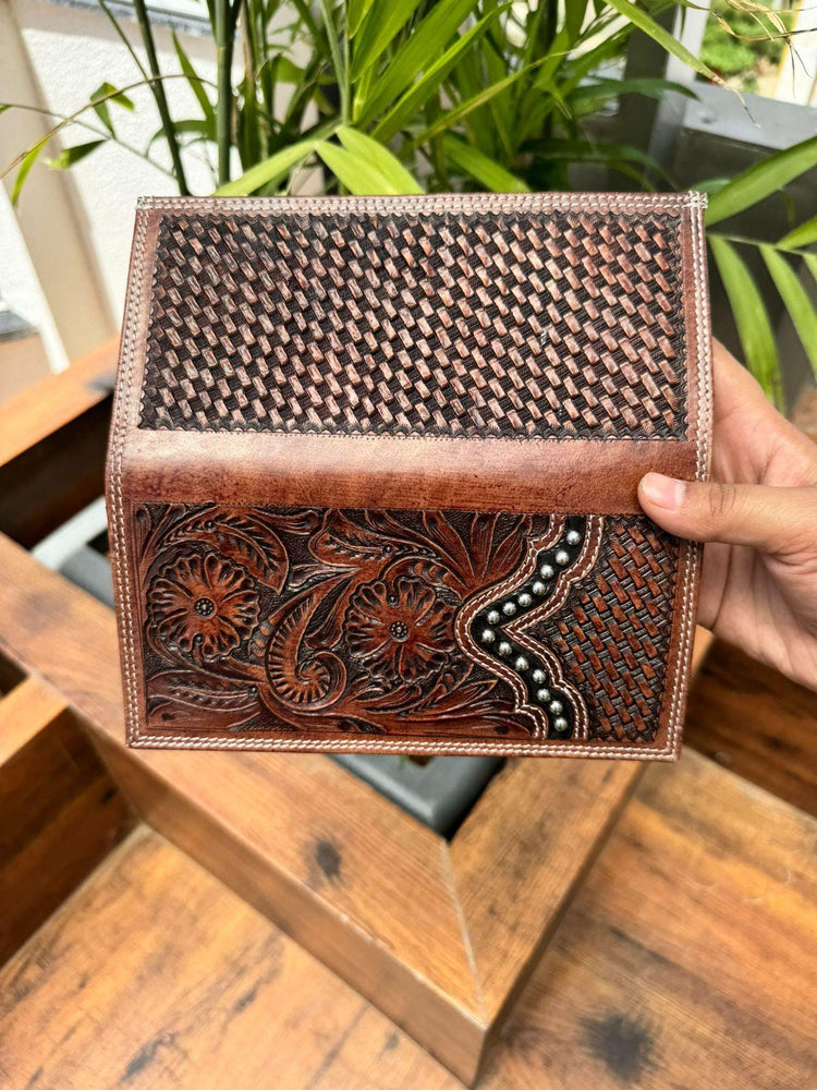 Hand Tooled Leather Long Wallet: Western Floral Design, Silver Studs