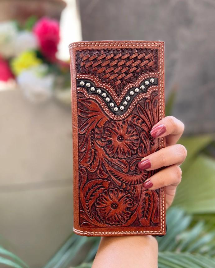Hand Tooled Leather Long Wallet: Western Floral Design, Silver Studs