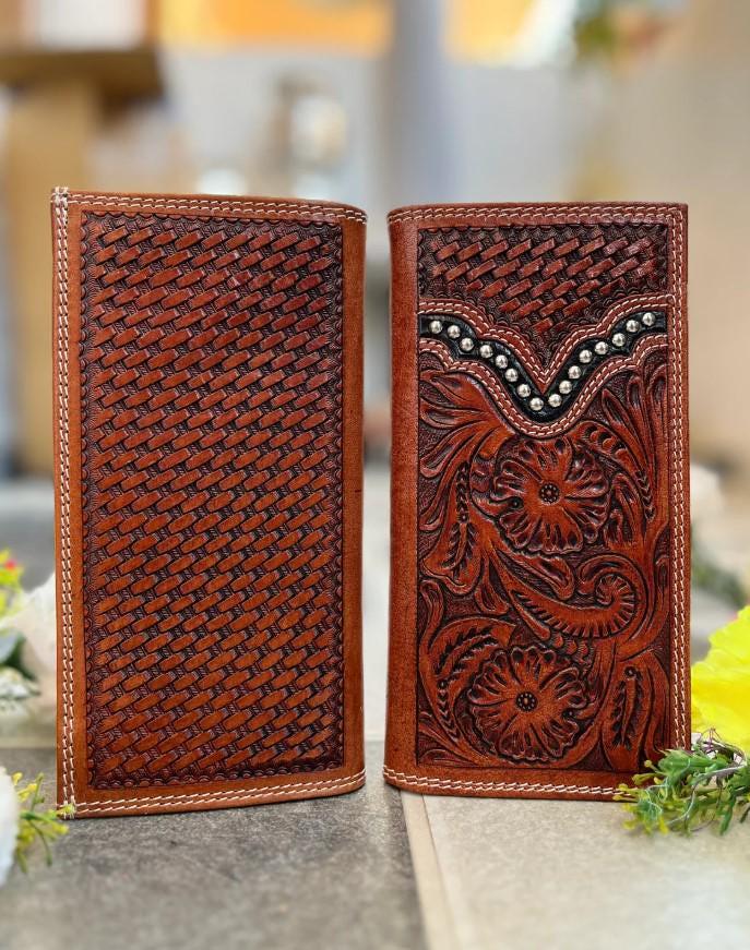 Hand Tooled Leather Long Wallet: Western Floral Design, Silver Studs