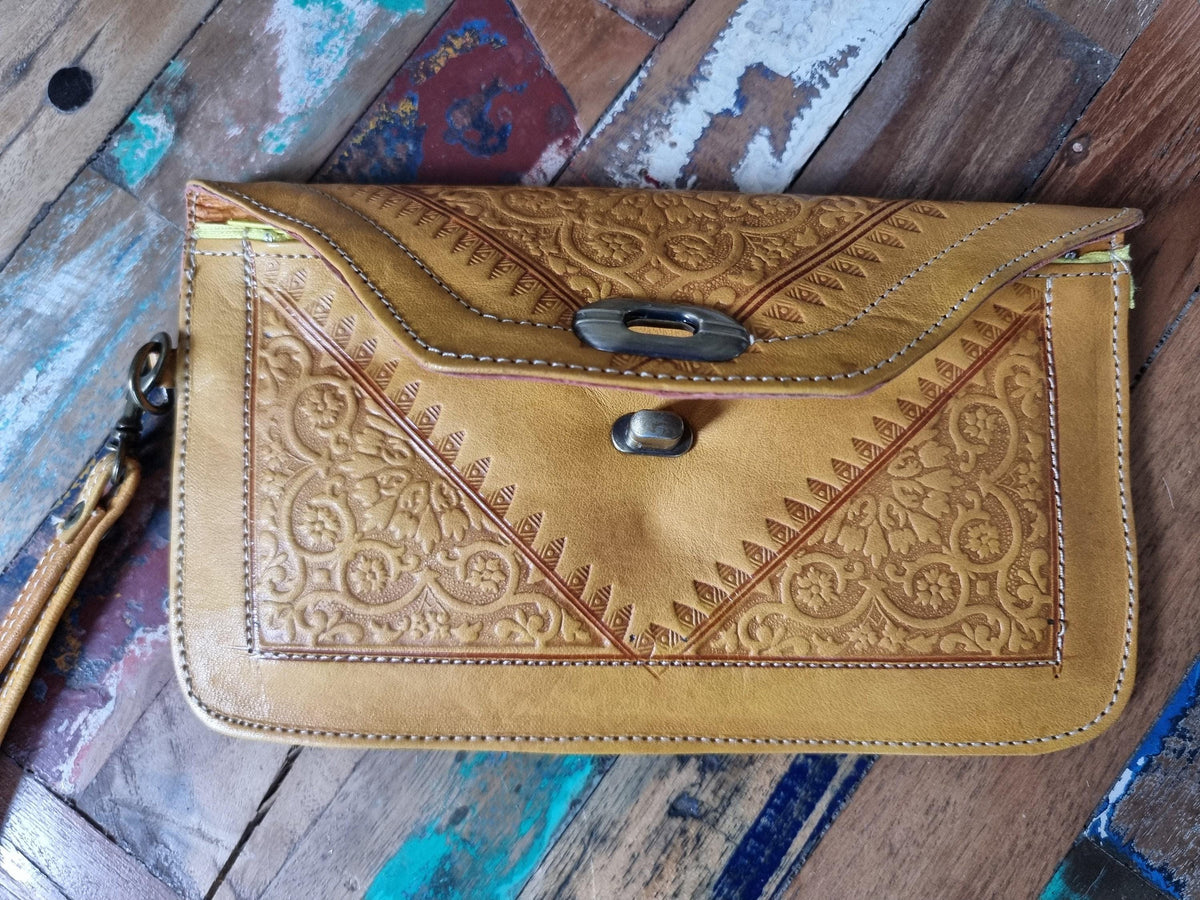 Tooled Floral Leather Wallet: Large Moroccan Clutch with Wristlet