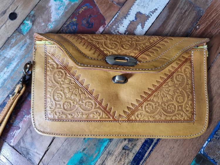 Tooled Floral Leather Wallet: Large Moroccan Clutch with Wristlet