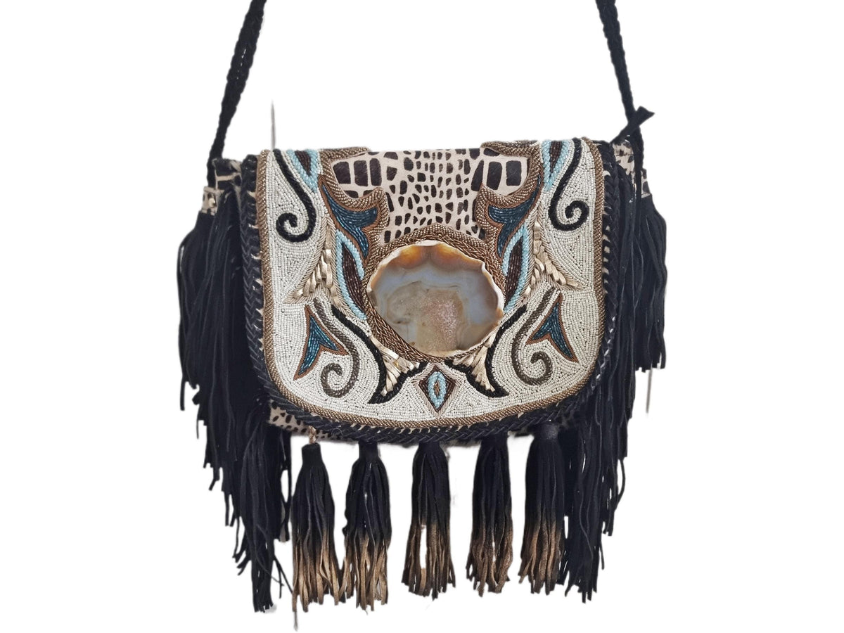 Cowhide Leather Shoulder Bag: Beaded Boho Fringe Tote with Quartz