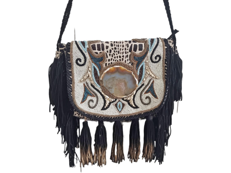 Cowhide Leather Shoulder Bag: Beaded Boho Fringe Tote with Quartz