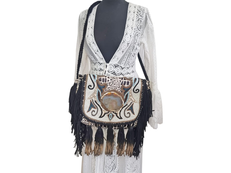 Cowhide Leather Shoulder Bag: Beaded Boho Fringe Tote with Quartz