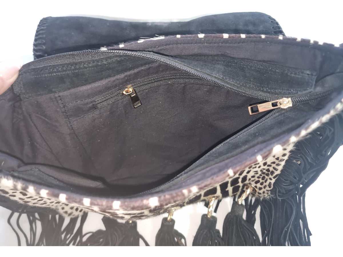 Cowhide Leather Shoulder Bag: Beaded Boho Fringe Tote with Quartz