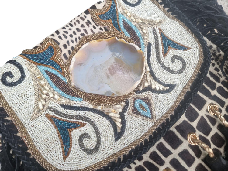 Cowhide Leather Shoulder Bag: Beaded Boho Fringe Tote with Quartz