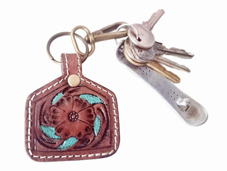 Tooled Leather Flower Keychain: Vintage Western Purse Charm