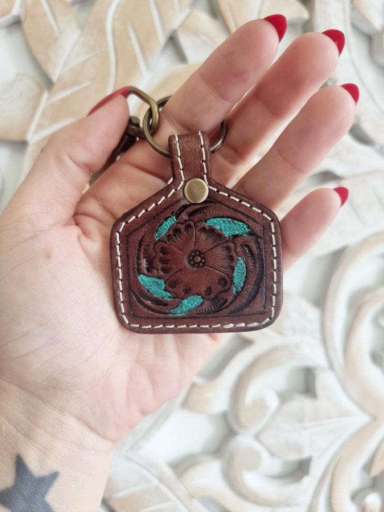 Tooled Leather Flower Keychain: Vintage Western Purse Charm