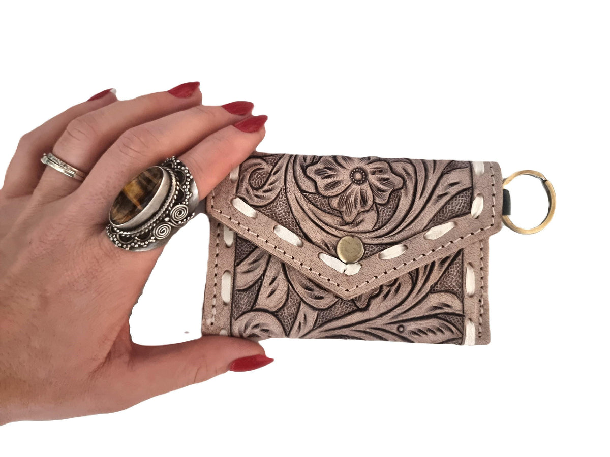 Tooled Leather Keychain Wallet: Mini Coin Purse, Western Style