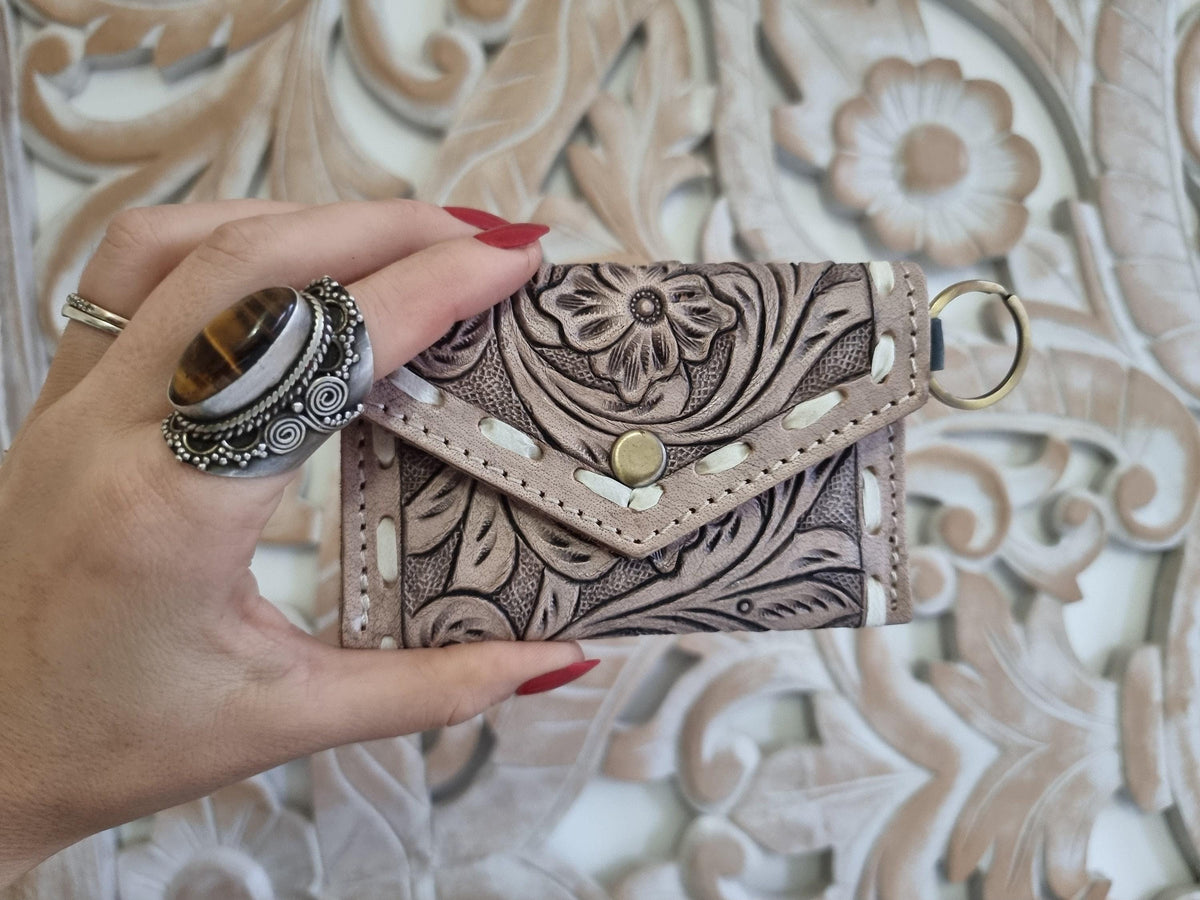 Tooled Leather Keychain Wallet: Mini Coin Purse, Western Style
