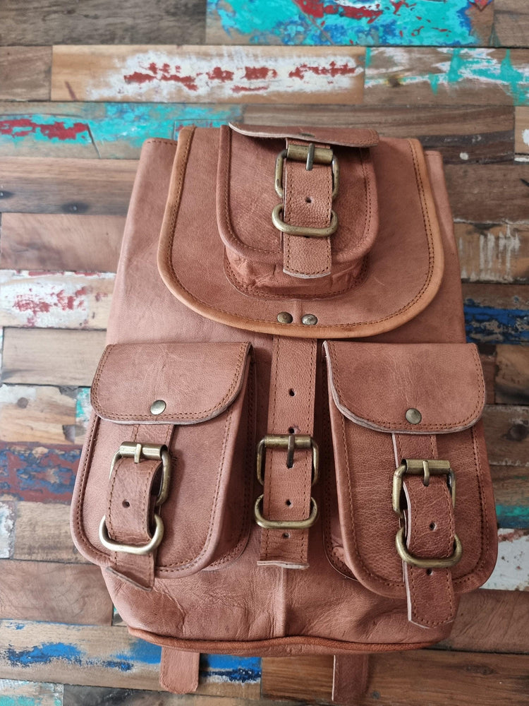 Vintage Leather Backpack, 1970s Hippie Rucksack, Tan Brown Leather Bag, Boho Backpack, Womens Festival Bag