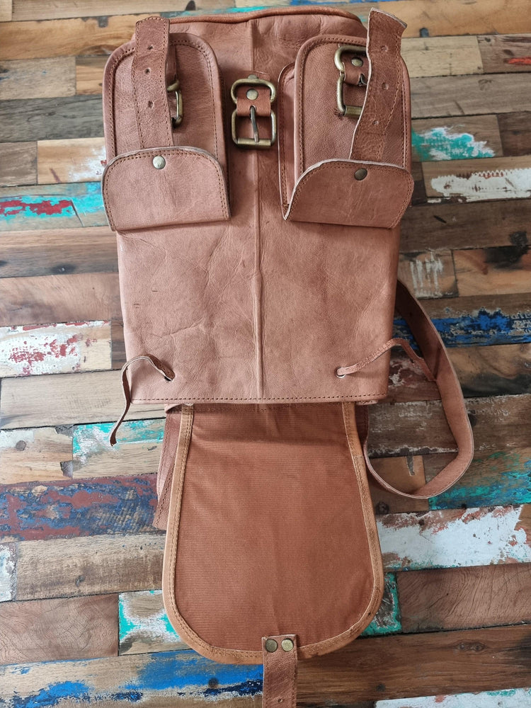 Vintage Leather Backpack, 1970s Hippie Rucksack, Tan Brown Leather Bag, Boho Backpack, Womens Festival Bag