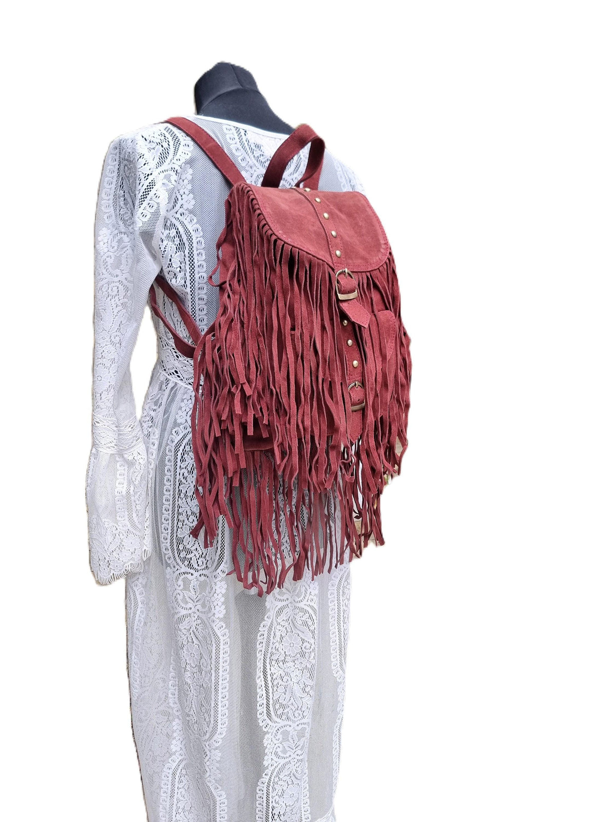 Burgundy Suede Leather Tassel Backpack: Boho Festival Rucksack