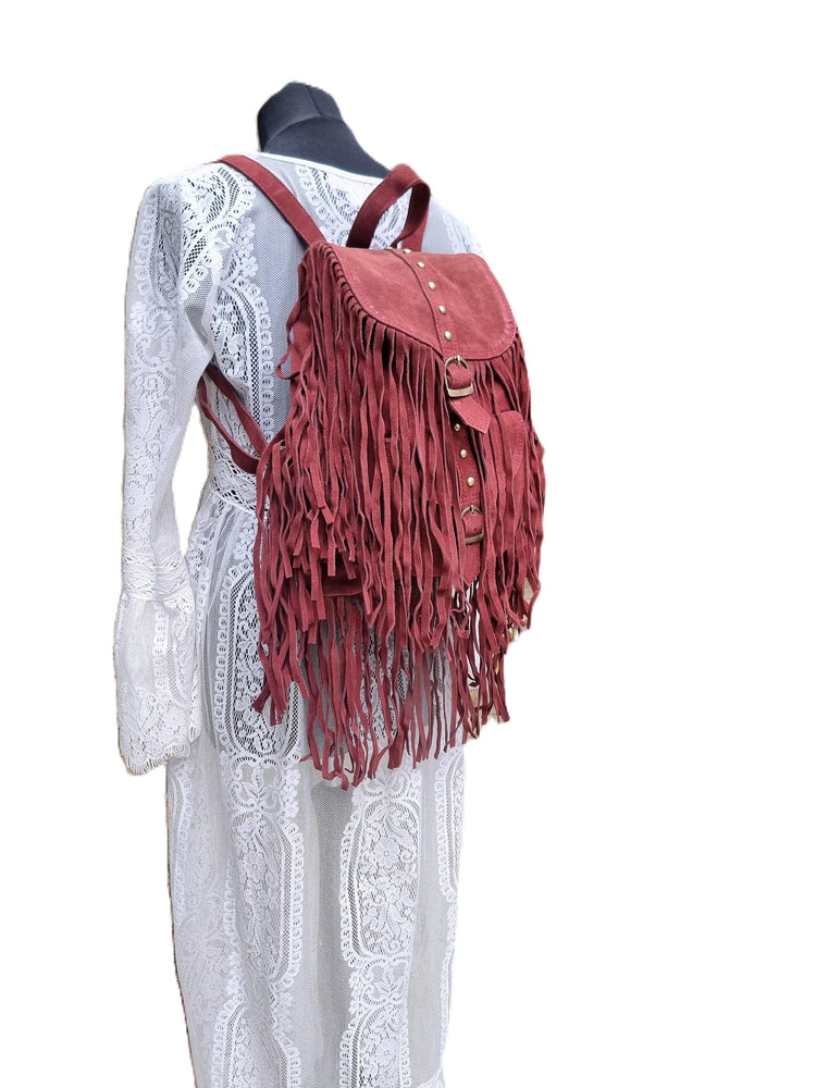 Burgundy Suede Leather Tassel Backpack: Boho Festival Rucksack