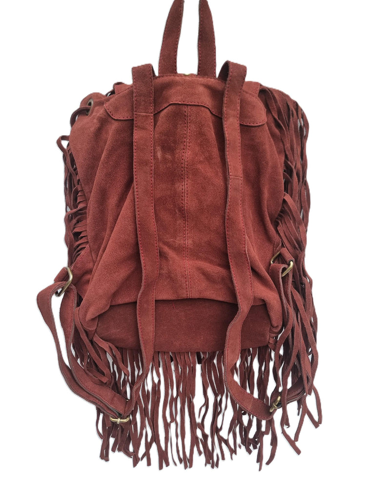 Burgundy Suede Leather Tassel Backpack: Boho Festival Rucksack