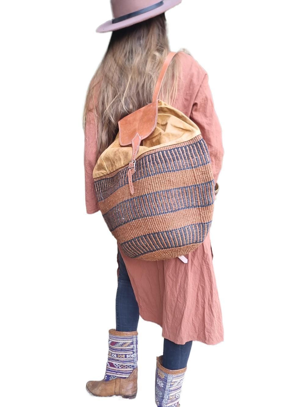 Extra Large Sisal Backpack: Vintage Leather Rucksack, Boho Travel Bag