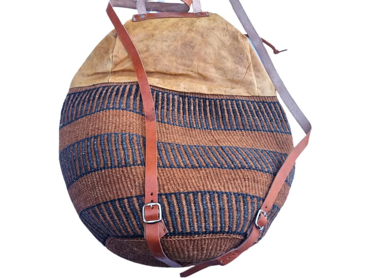 Extra Large Sisal Backpack: Vintage Leather Rucksack, Boho Travel Bag