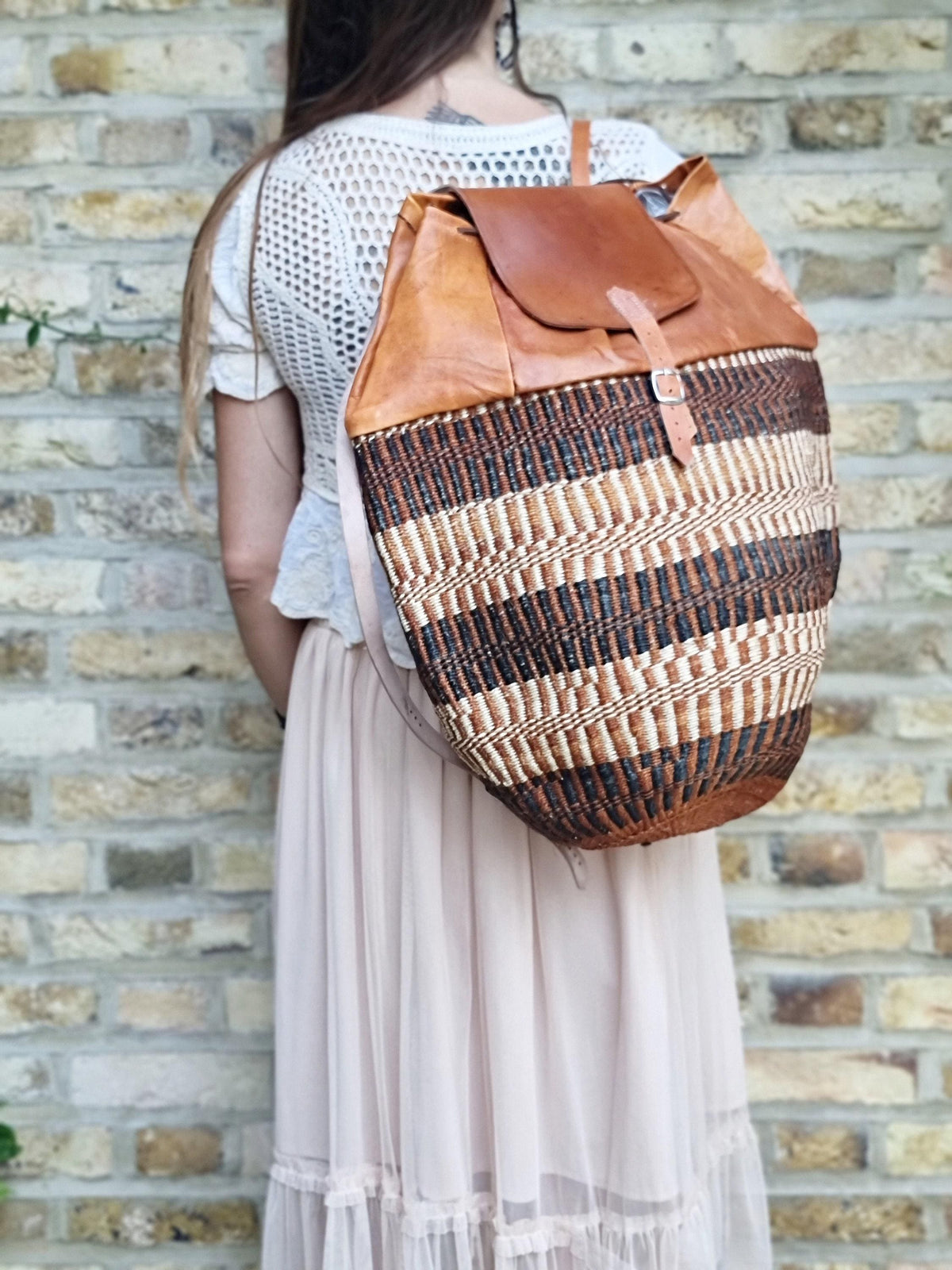 Vintage Sisal Bucket Backpack: Extra Large Leather Travel Bag