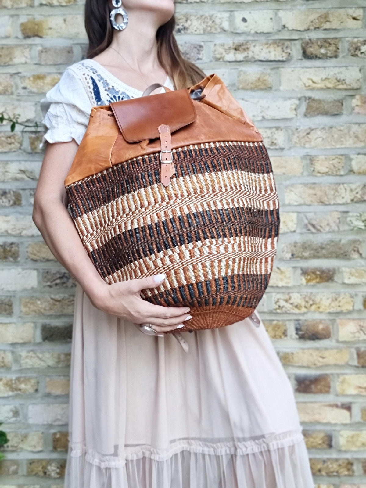 Vintage Sisal Bucket Backpack: Extra Large Leather Travel Bag