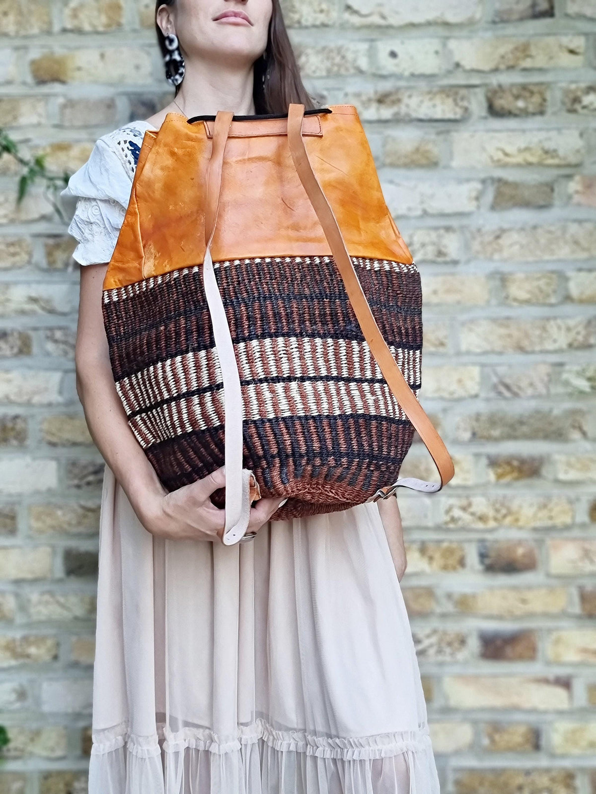 Vintage Sisal Bucket Backpack: Extra Large Leather Travel Bag