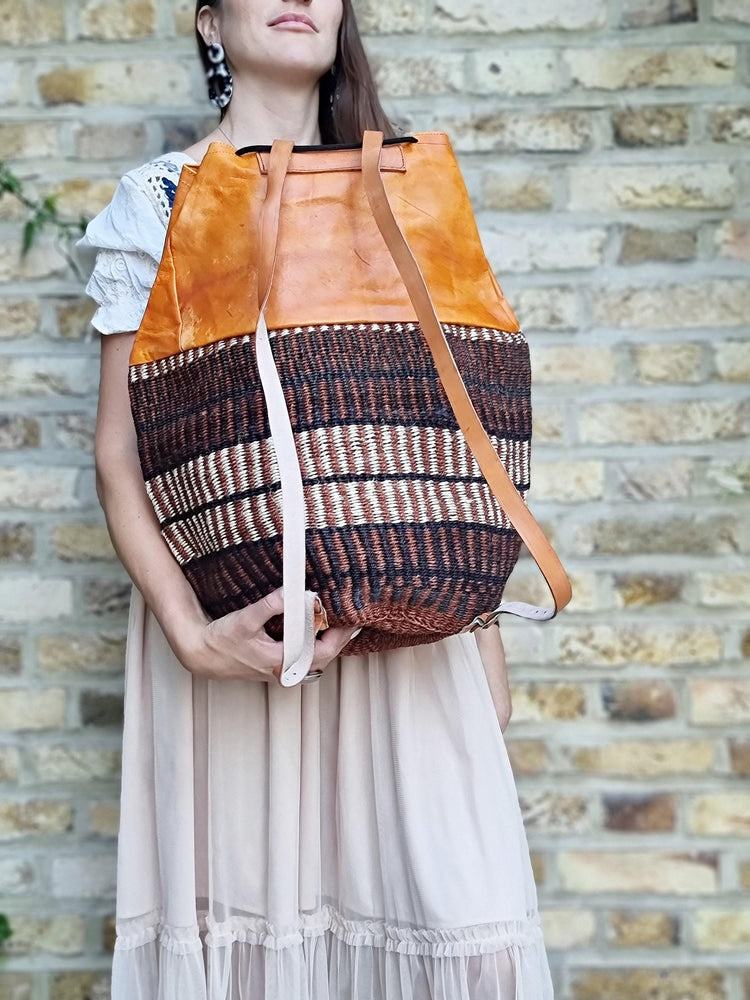 Vintage Sisal Bucket Backpack: Extra Large Leather Travel Bag