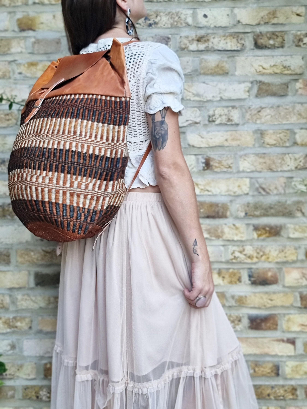 Vintage Sisal Bucket Backpack: Extra Large Leather Travel Bag