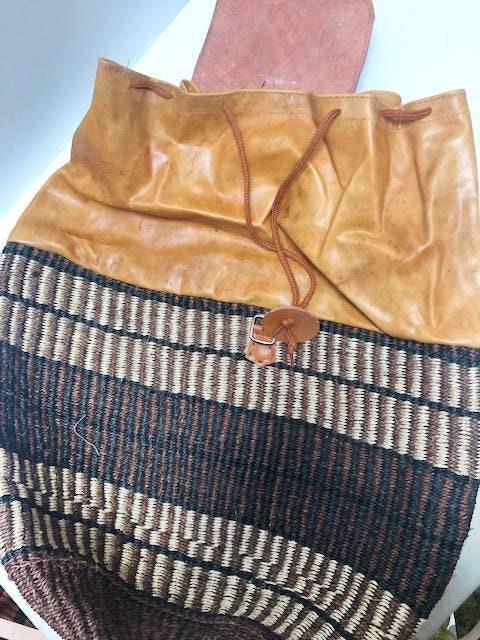 Vintage Sisal Bucket Backpack: Extra Large Leather Travel Bag