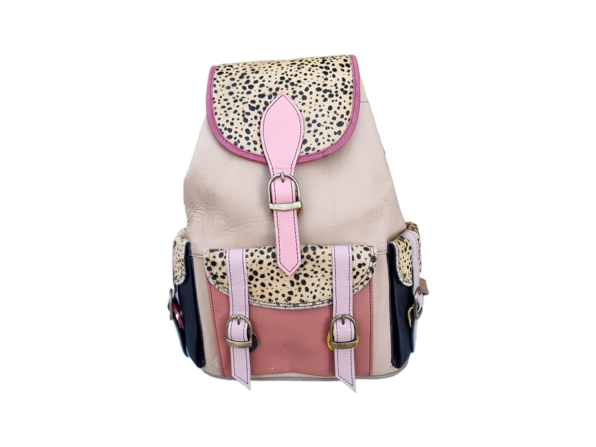 Multicoloured Patchwork Leather Backpack Purse: Cowhide Shoulder Bag with Animal Print