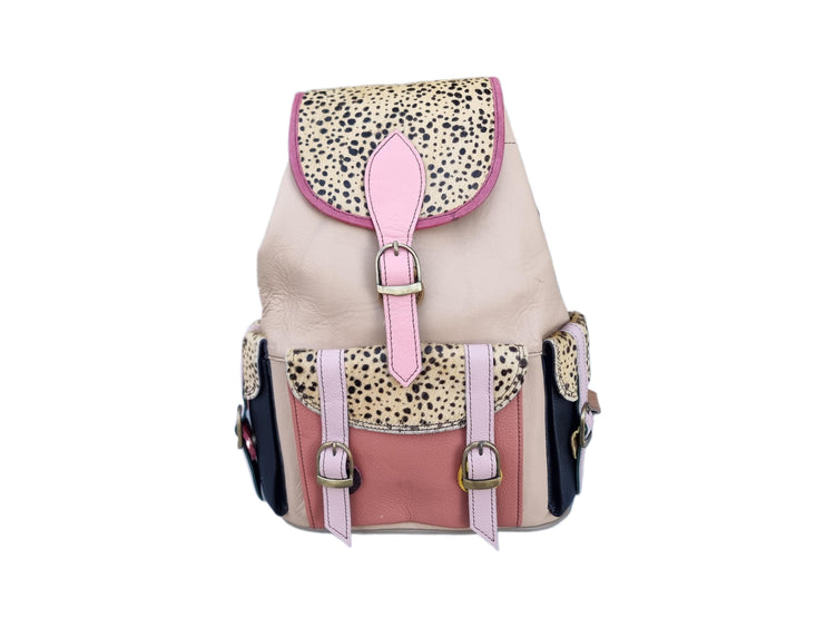 Multicoloured Patchwork Leather Backpack Purse: Cowhide Shoulder Bag with Animal Print