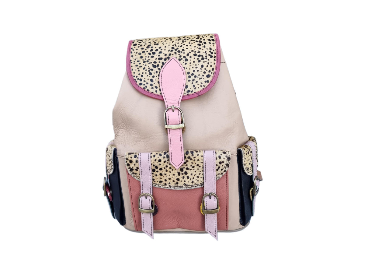 Patchwork Leather Cowhide Backpack Purse: Women's Artisan Rucksack with Hair-On Hide Pockets - Multicoloured Leather Bag