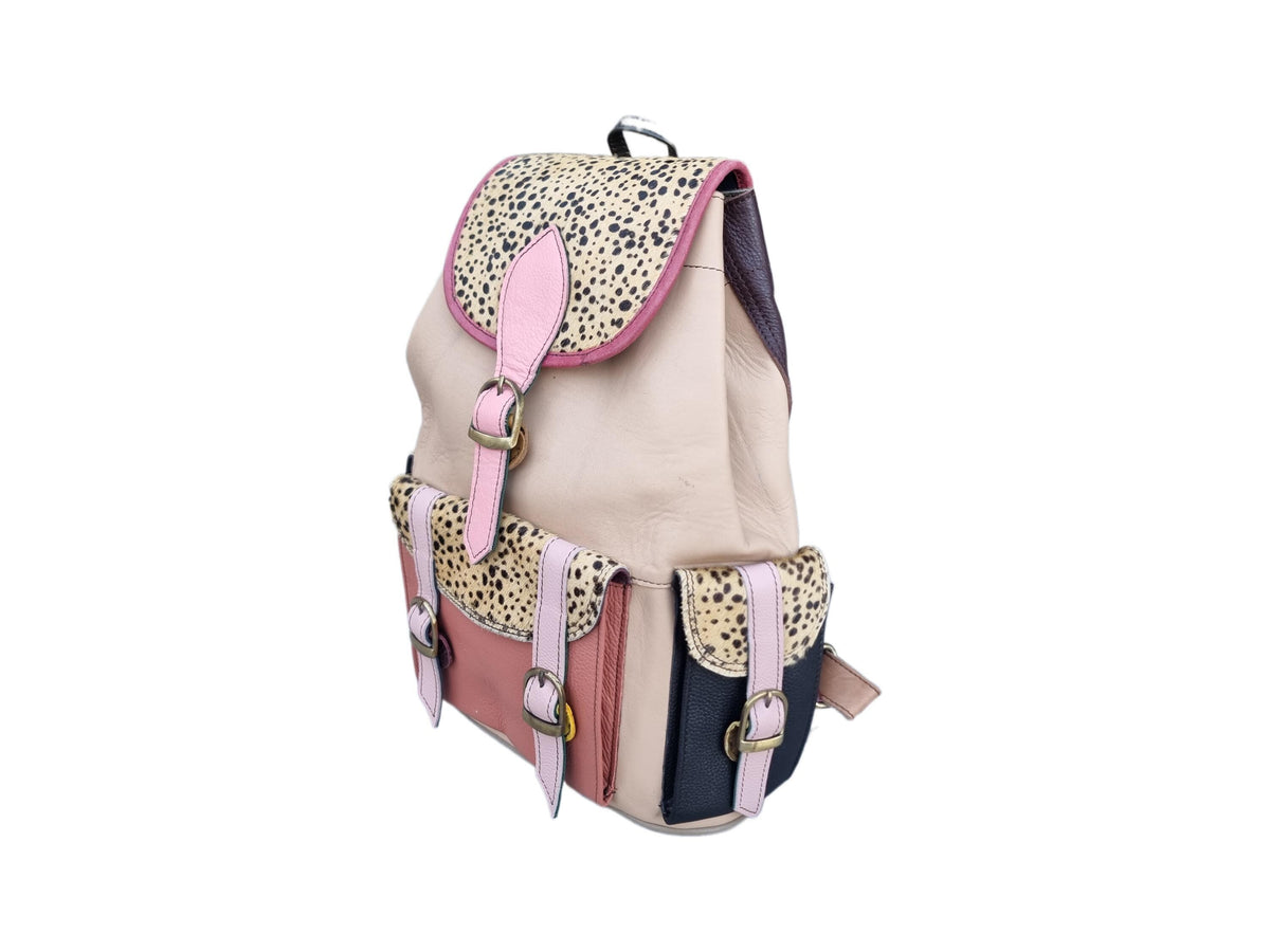 Multicoloured Patchwork Leather Backpack Purse: Cowhide Shoulder Bag with Animal Print