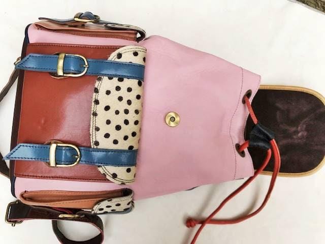 Patchwork Leather Backpack Rainbow Colour Block Leopard Cowhide Backpack Boho Hippie Rucksack Handmade Leather Bag