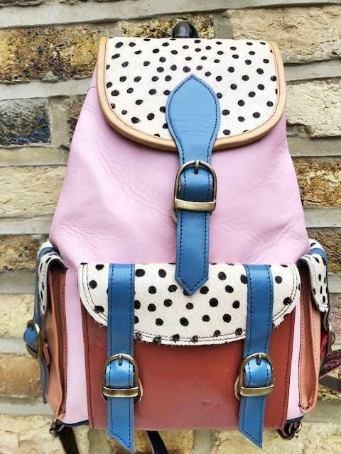 Patchwork Leather Backpack Rainbow Colour Block Leopard Cowhide Backpack Boho Hippie Rucksack Handmade Leather Bag