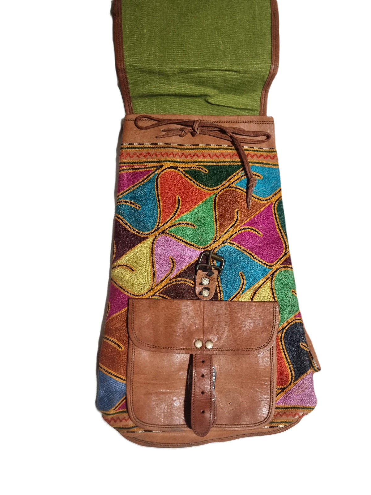 Hand Embroidered Leather Backpack: Bohemian Travel Bag