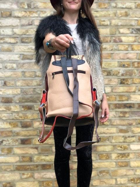 Patchwork Leather Backpack Burgundy Red Leopard Print Boho Hippie Rucksack Vintage Style Women Backpack Handmade Bag