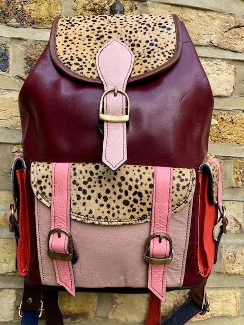 Patchwork Leather Backpack Burgundy Red Leopard Print Boho Hippie Rucksack Vintage Style Women Backpack Handmade Bag