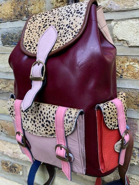 Patchwork Leather Backpack Burgundy Red Leopard Print Boho Hippie Rucksack Vintage Style Women Backpack Handmade Bag