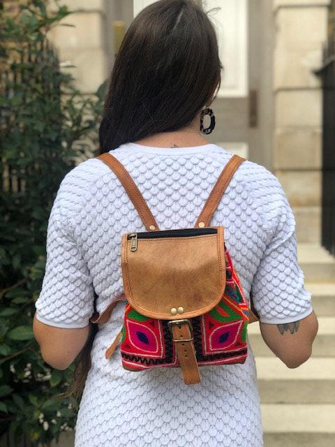 Embroidered Leather Mini Backpack: Multicoloured Hippie Rucksack Purse
