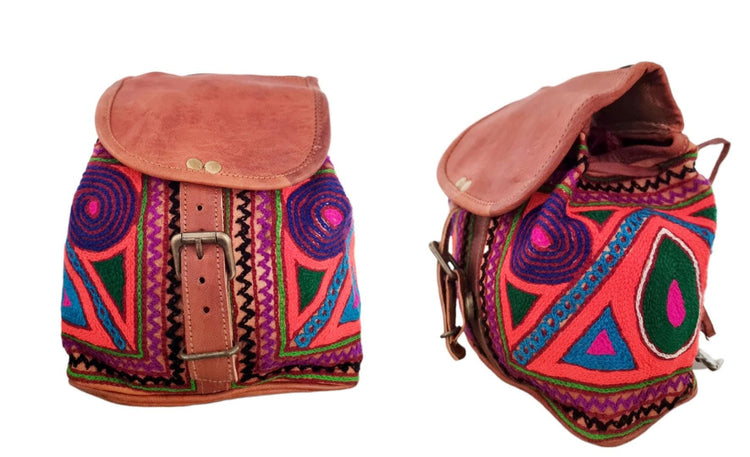 Embroidered Leather Mini Backpack: Multicoloured Hippie Rucksack Purse