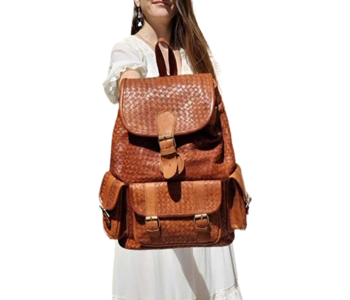 Large Braided Woven Leather Backpack Women, Boho Hippie Rucksack, Laptop Travel Bag, Handmade Moroccan Crafts