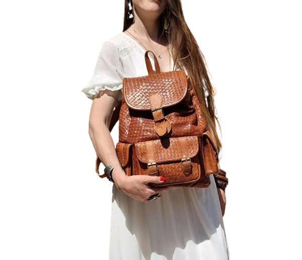 Large Braided Woven Leather Backpack Women, Boho Hippie Rucksack, Laptop Travel Bag, Handmade Moroccan Crafts