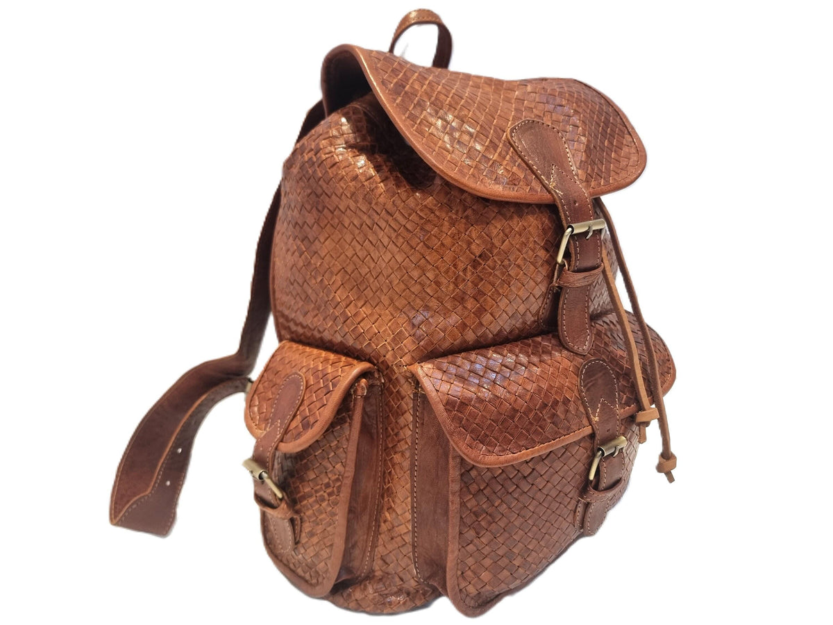 Large Braided Woven Leather Backpack Women, Boho Hippie Rucksack, Laptop Travel Bag, Handmade Moroccan Crafts