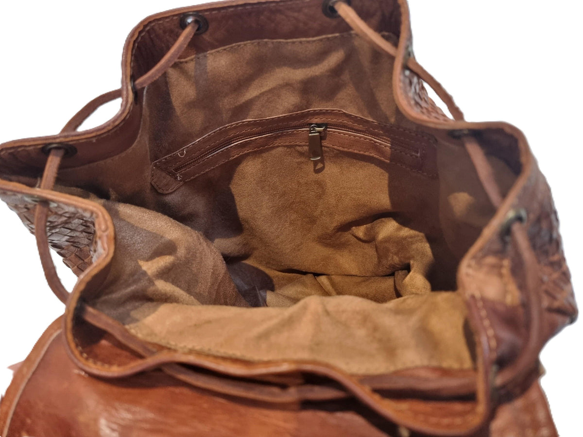 Large Braided Woven Leather Backpack Women, Boho Hippie Rucksack, Laptop Travel Bag, Handmade Moroccan Crafts